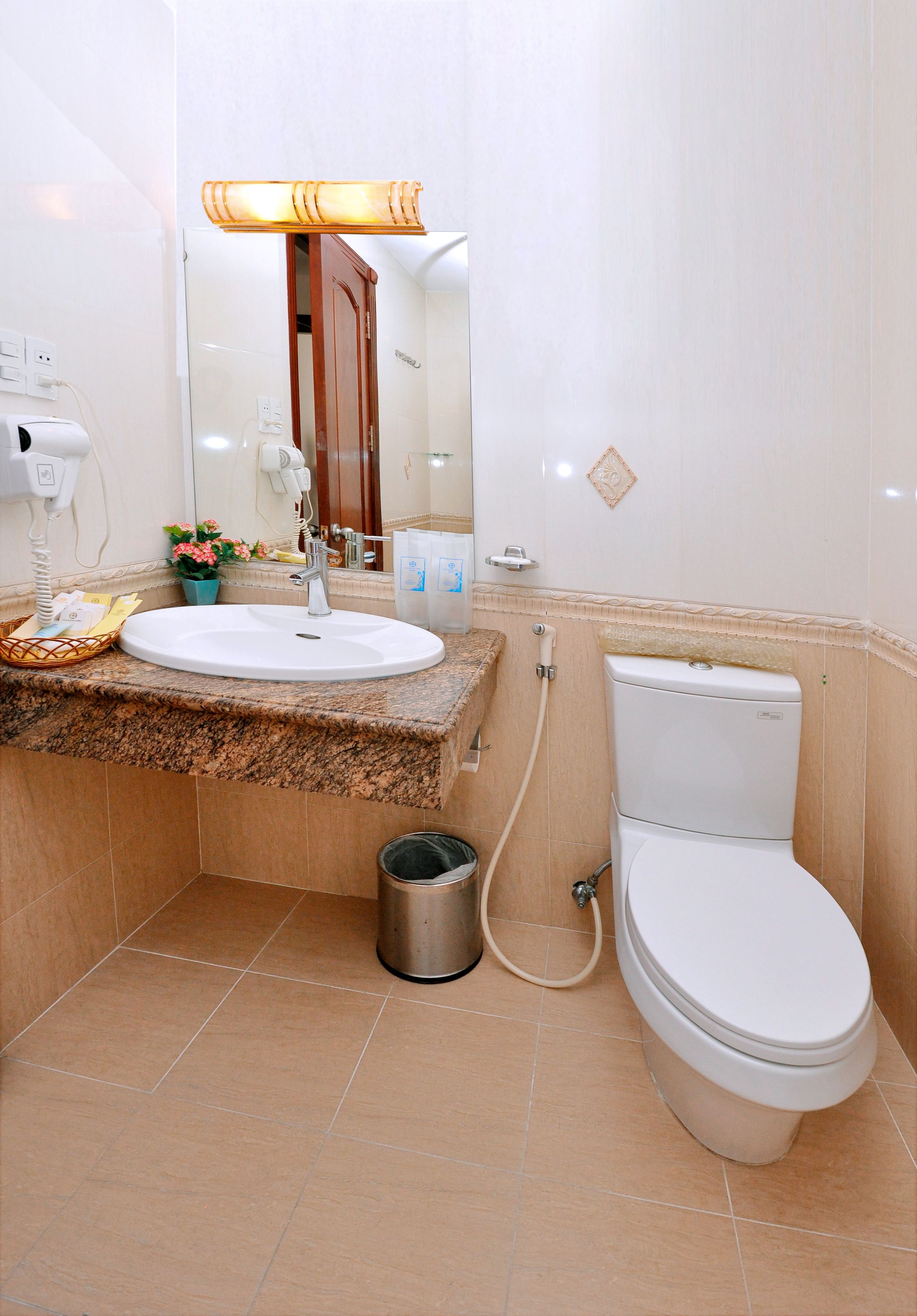 combined shower/bathtub, free toiletries, hair dryer, slippers