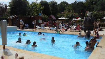 Seasonal outdoor pool, pool umbrellas, pool loungers