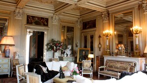 A lavishly decorated room with ornate ceiling, classical paintings, and antique furniture. - Château de Saint Trys (Anse)