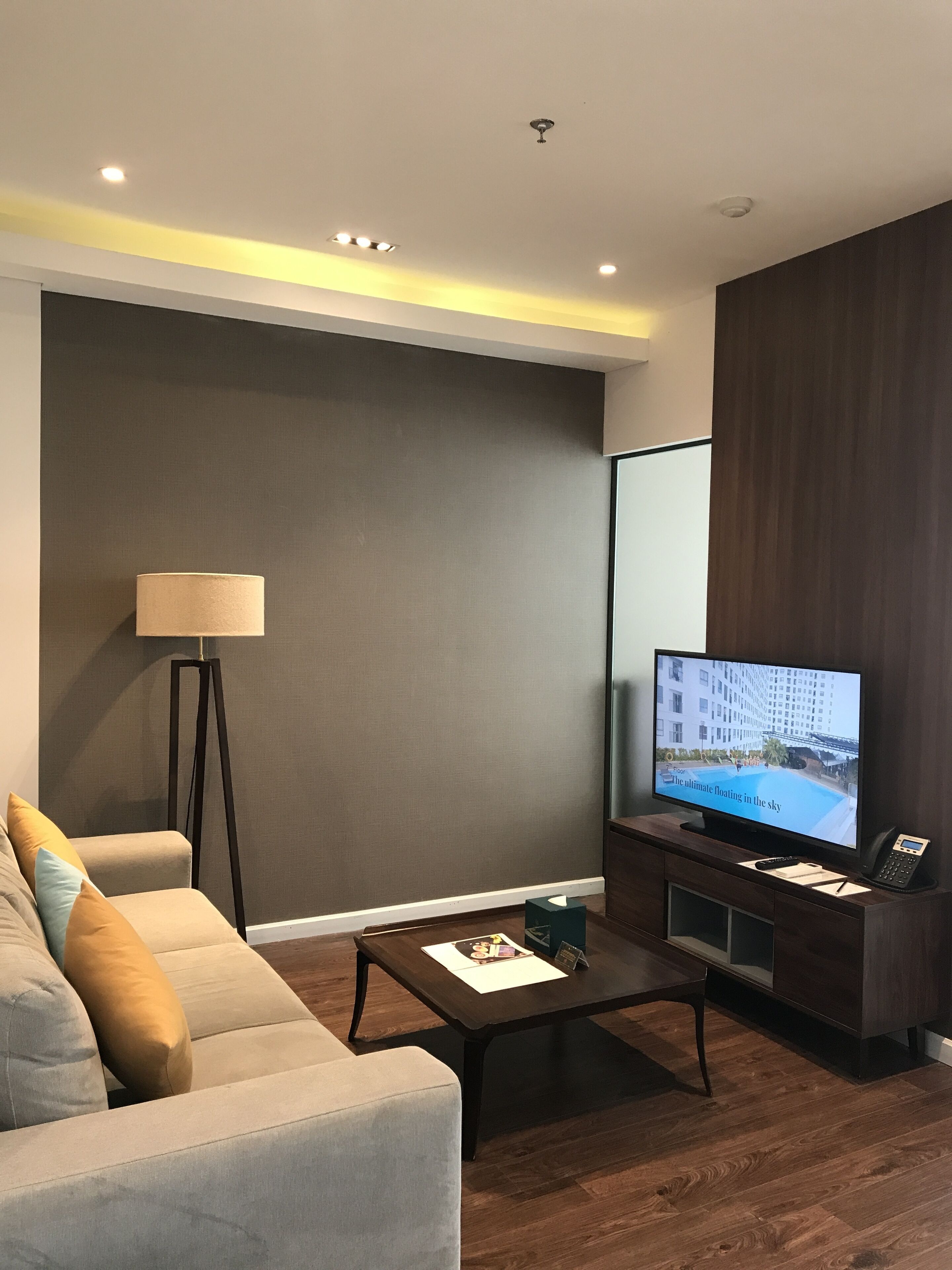 A modern living room with a sofa, coffee table, floor lamp, and a flat-screen TV on a wooden stand.