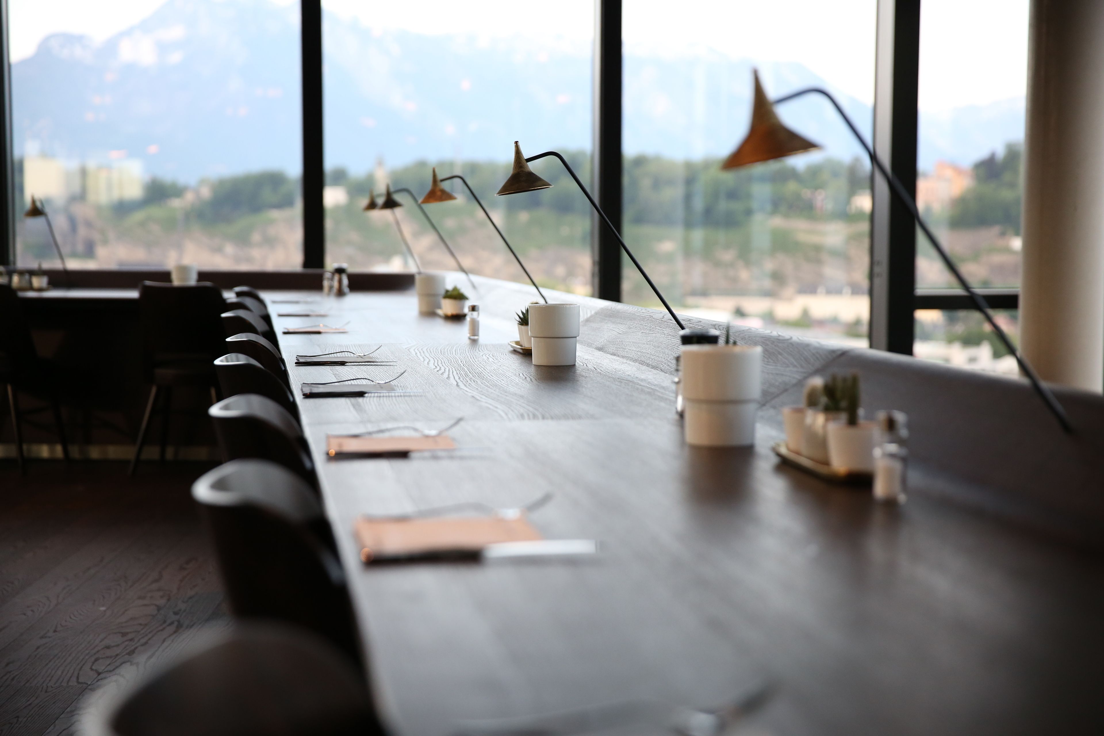 A conference room with a long table, chairs, and potted plants.