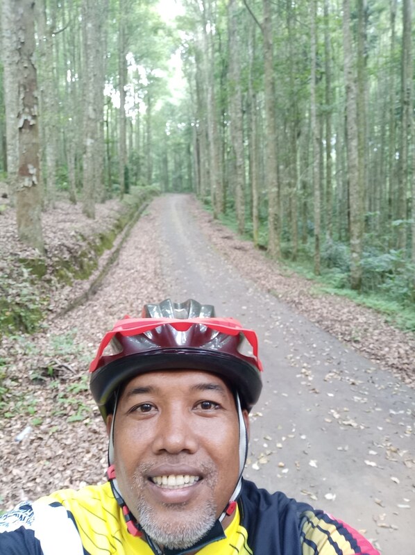 A forest road with a cyclist wearing a helmet. - Bedugul Camping (Baturiti)