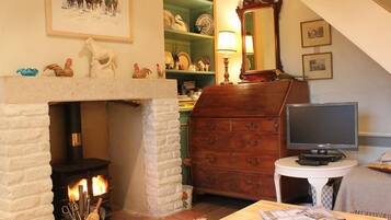 Un salon chaleureux avec une cheminée, une commode en bois, un téléviseur et une bibliothèque.