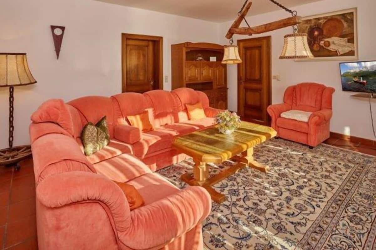 Ein Wohnzimmer mit einer Sofagarnitur, einem Holztisch, einem gemusterten Teppich, einem Fernseher und einem Bild an der Wand.