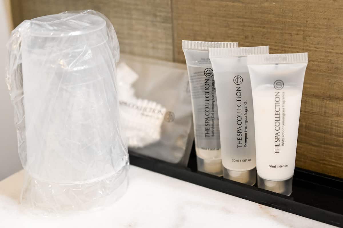 free toiletries, hair dryer, heated floors, towels