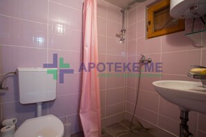 Combined shower/bathtub, hair dryer, towels