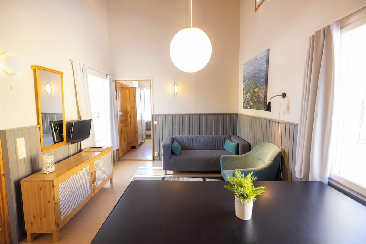 Una sala de estar moderna con un sofá, una mesa de centro, un televisor y una planta en maceta.
