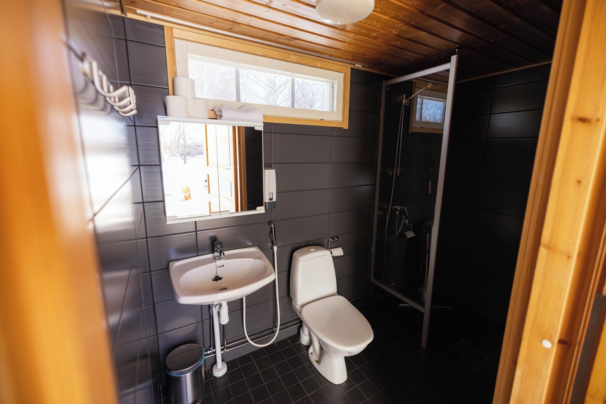 A bathroom with a sink, toilet, and shower.
