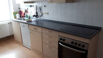 Comfort Apartment | Private kitchen | Full-size fridge, microwave, stovetop, electric kettle