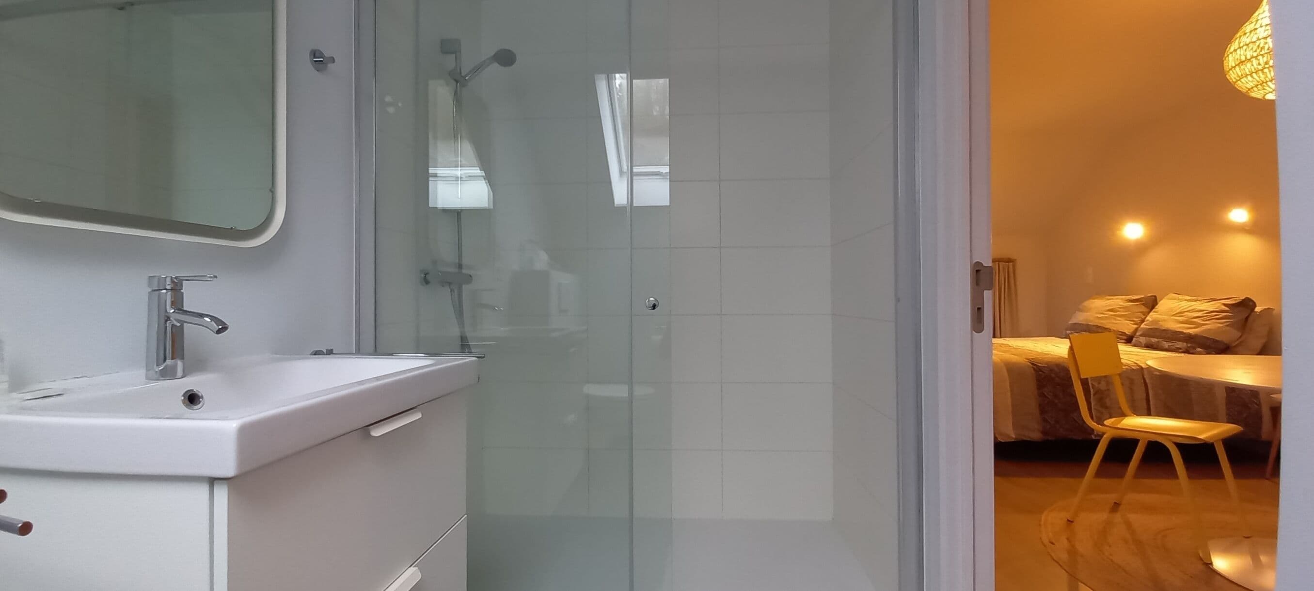 Een moderne badkamer met een glazen douchecabine, een witte wastafel en een spiegel.