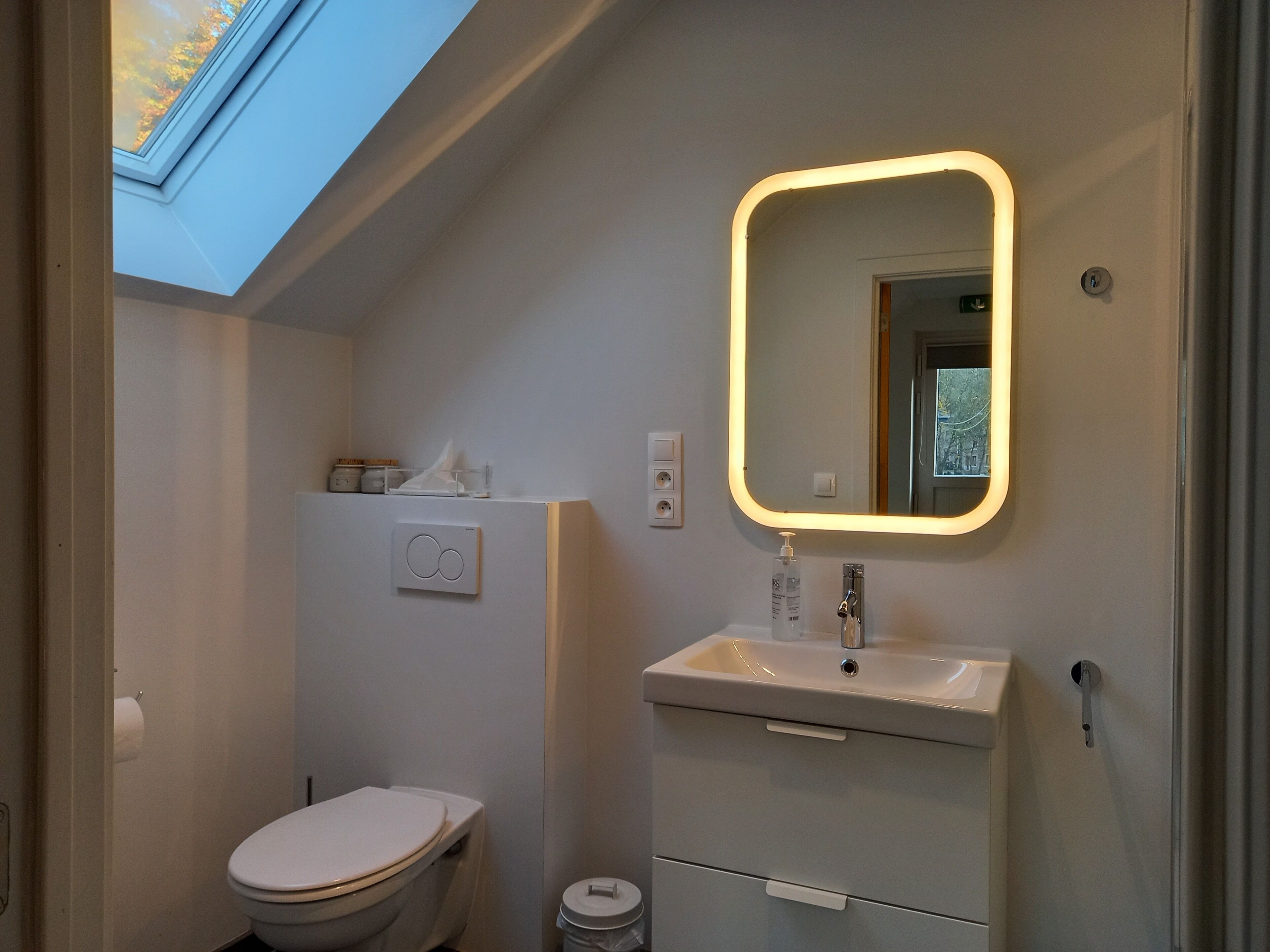 Une salle de bain moderne dotée d’une lucarne, de toilettes, d’un lavabo avec un miroir et d’une poubelle.