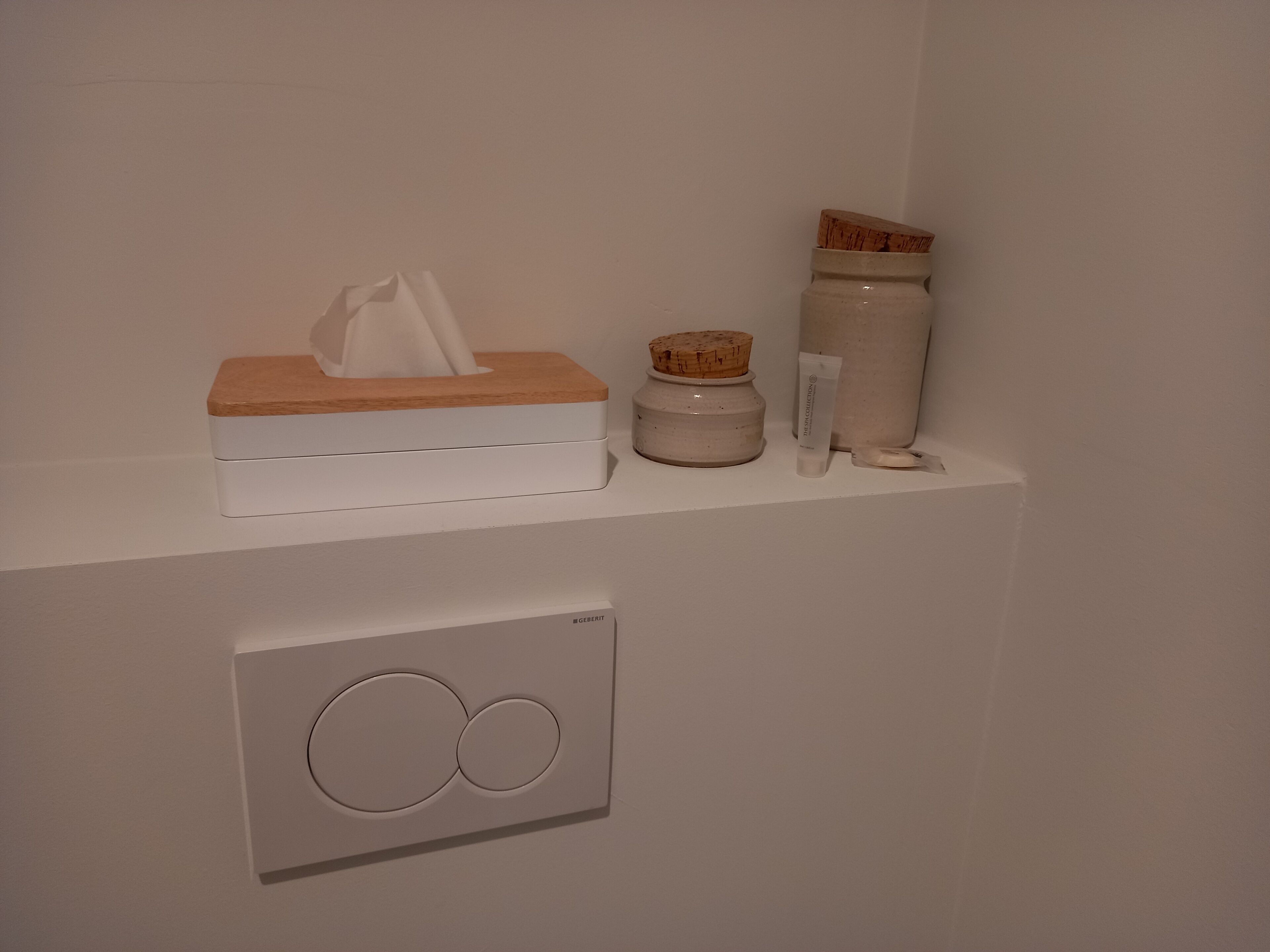 A shelf with a tissue box, a jar, and a container.