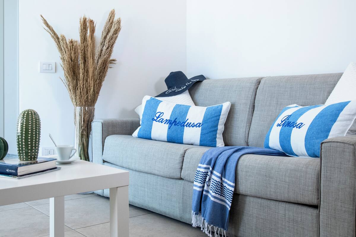 Un salon avec un canapé gris, des coussins à rayures, une couverture bleue et blanche, un cactus, une tasse blanche et un livre posé sur une table blanche.