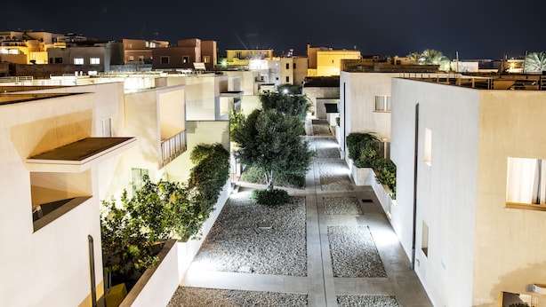 Un patio con un árbol en el centro, rodeado de edificios con balcones y ventanas.