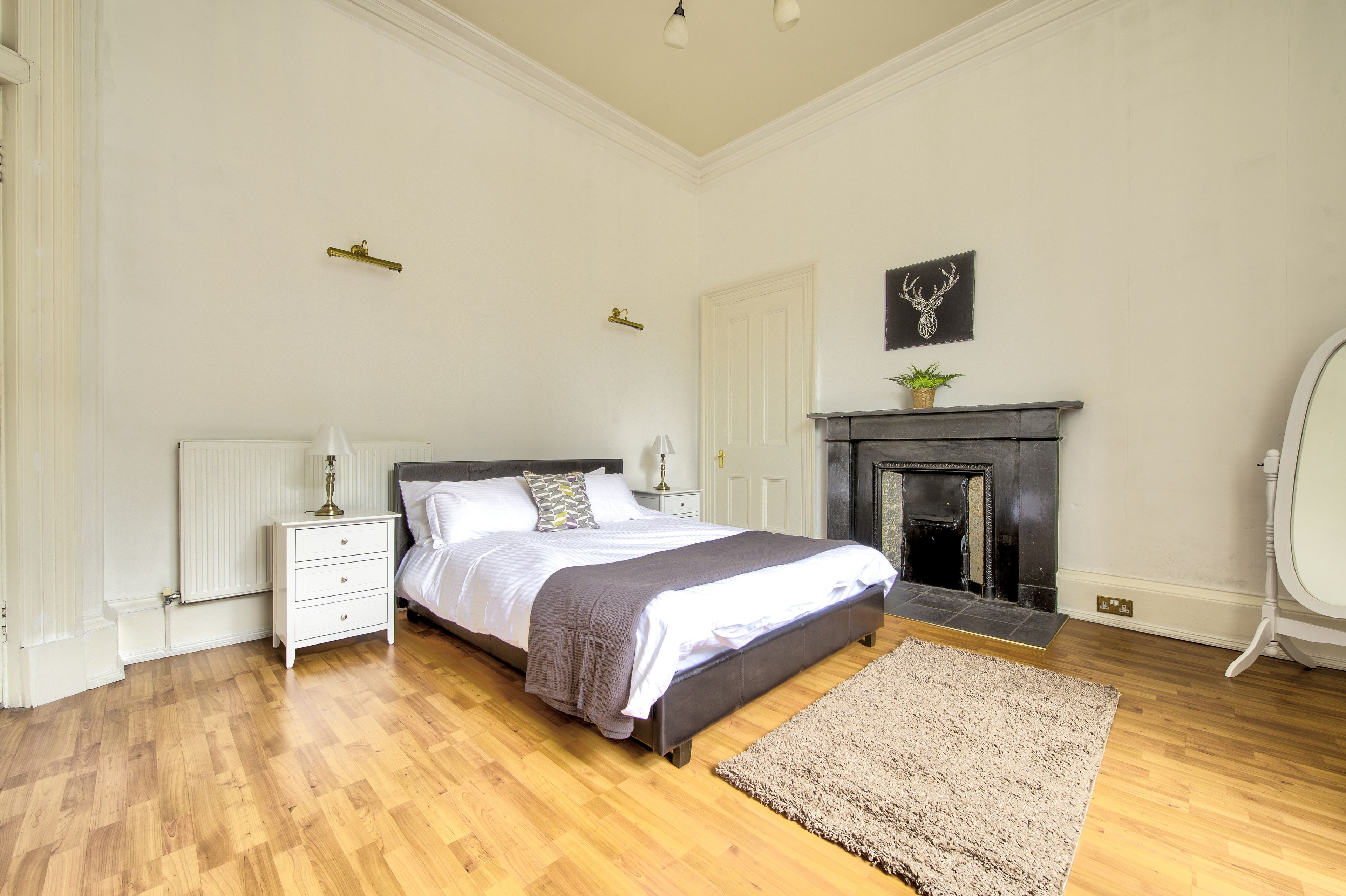 A bedroom with a large bed, a fireplace, a nightstand, and a white radiator.
