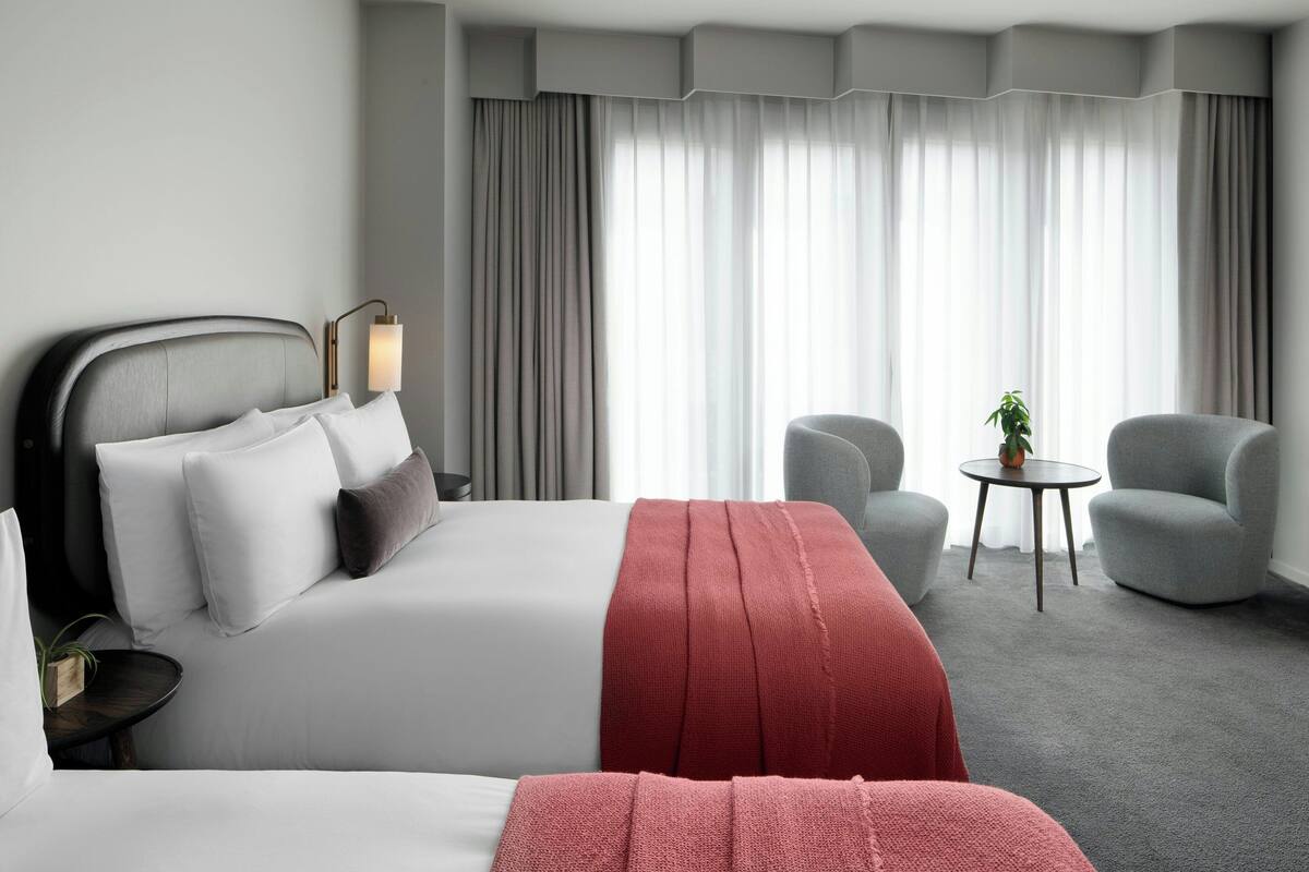 Moderni hotellihuone, jossa on suuri sänky, kaksi nojatuolia, pieni pöytä, jossa on kasvi, ja suuri ikkuna, jossa on verhot.