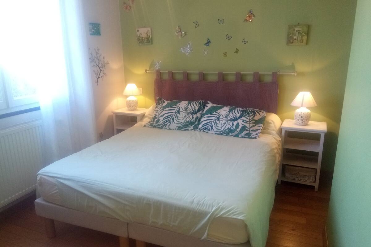 Un lit bien fait, recouvert d’une couette blanche et agrémenté d’un coussin à motifs tropicaux, est flanqué de deux tables de chevet avec des lampes, dans une pièce aux murs verts et au plancher en bois.