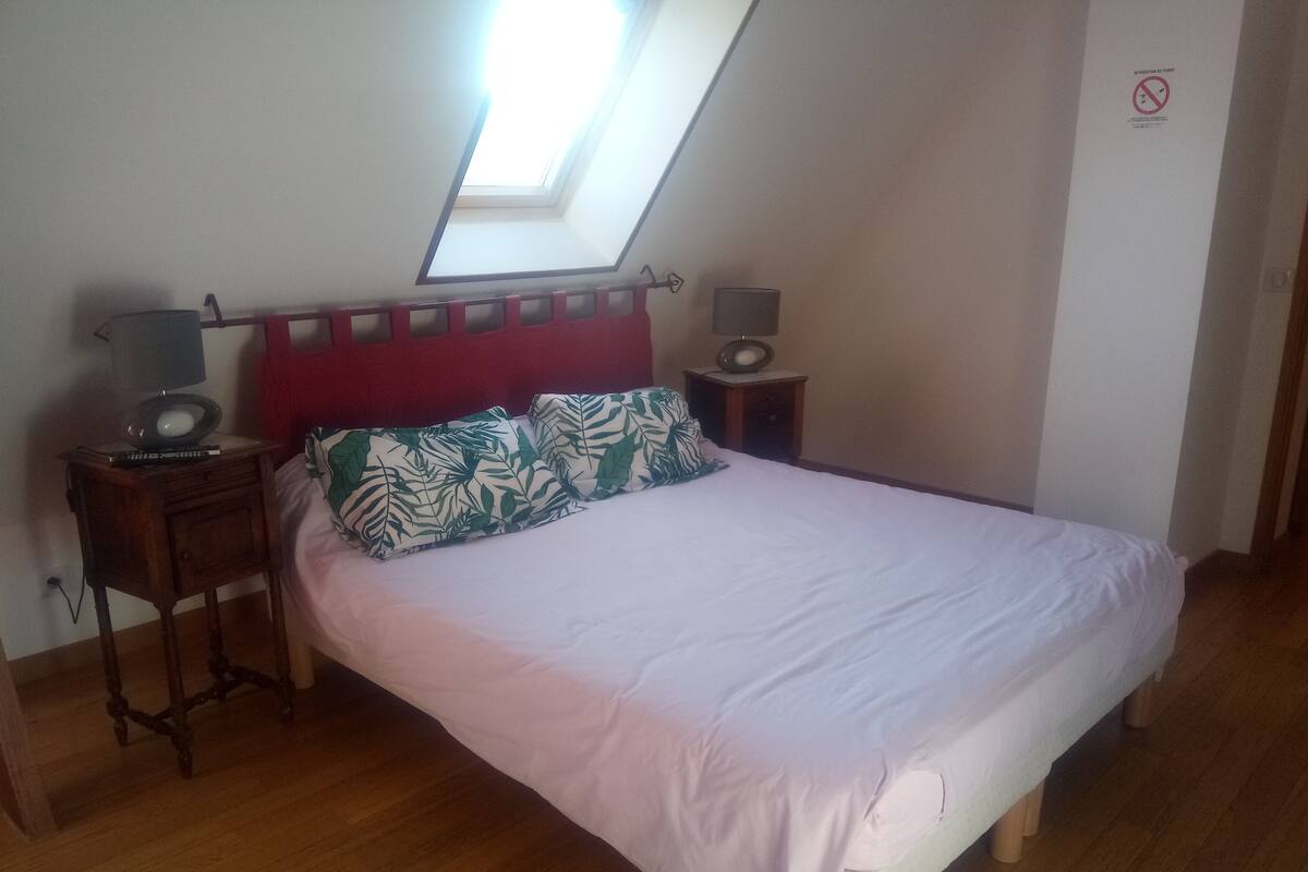 Une chambre avec un plafond en pente, un puits de lumière, un lit avec une literie blanche, deux tables de chevet avec des lampes et une tête de lit rouge.