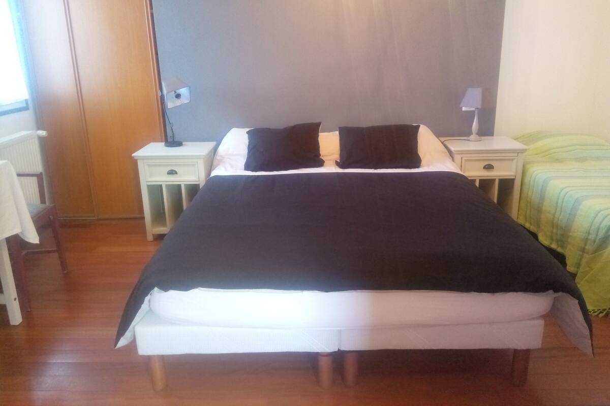 Une chambre à coucher avec un lit, deux tables de chevet, une lampe et une couverture à rayures vertes.