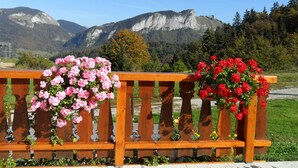 A wooden bench with pink and red flowers in front of a mountainous landscape. - Hôtel les skieurs (Bellevaux)
