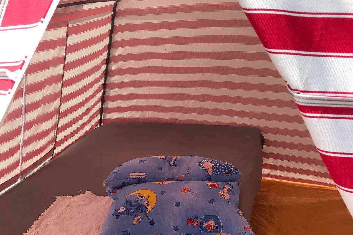 A small, cozy room with a single bed, a wooden bench, and striped curtains.