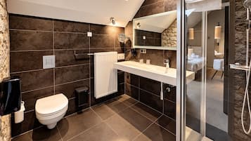 A modern bathroom with a skylight, a toilet, a vanity with a mirror, and a shower area.
