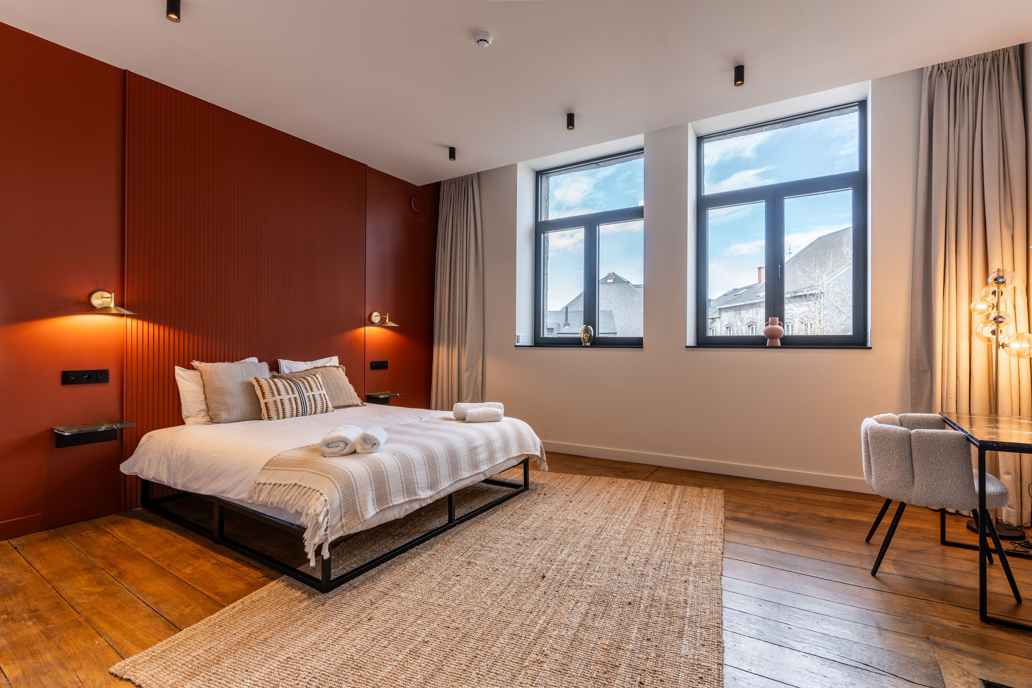 Premium bedding, memory-foam beds, desk, blackout curtains