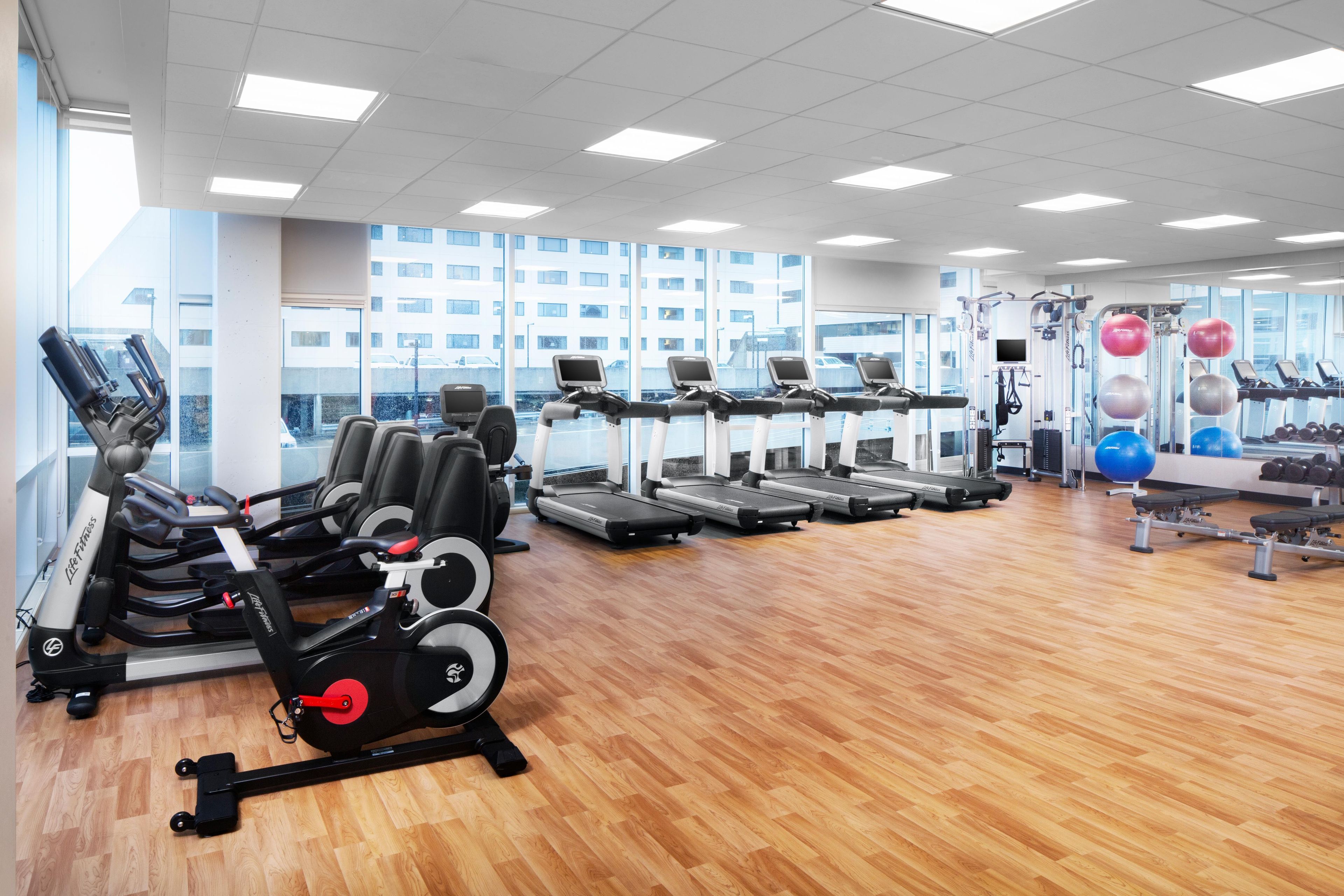 A gym with cardio machines, weightlifting equipment, and exercise balls.
