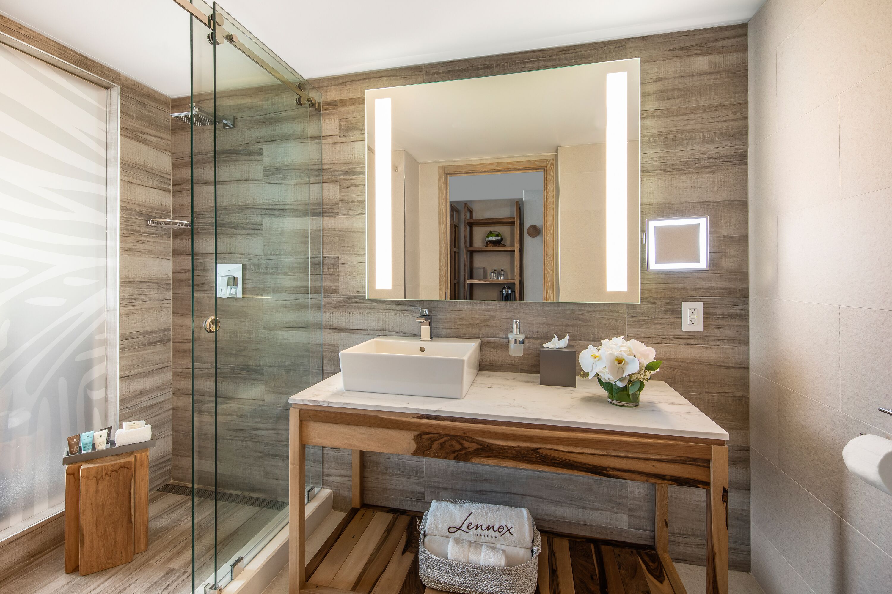 shower, rainfall showerhead, designer toiletries, hair dryer