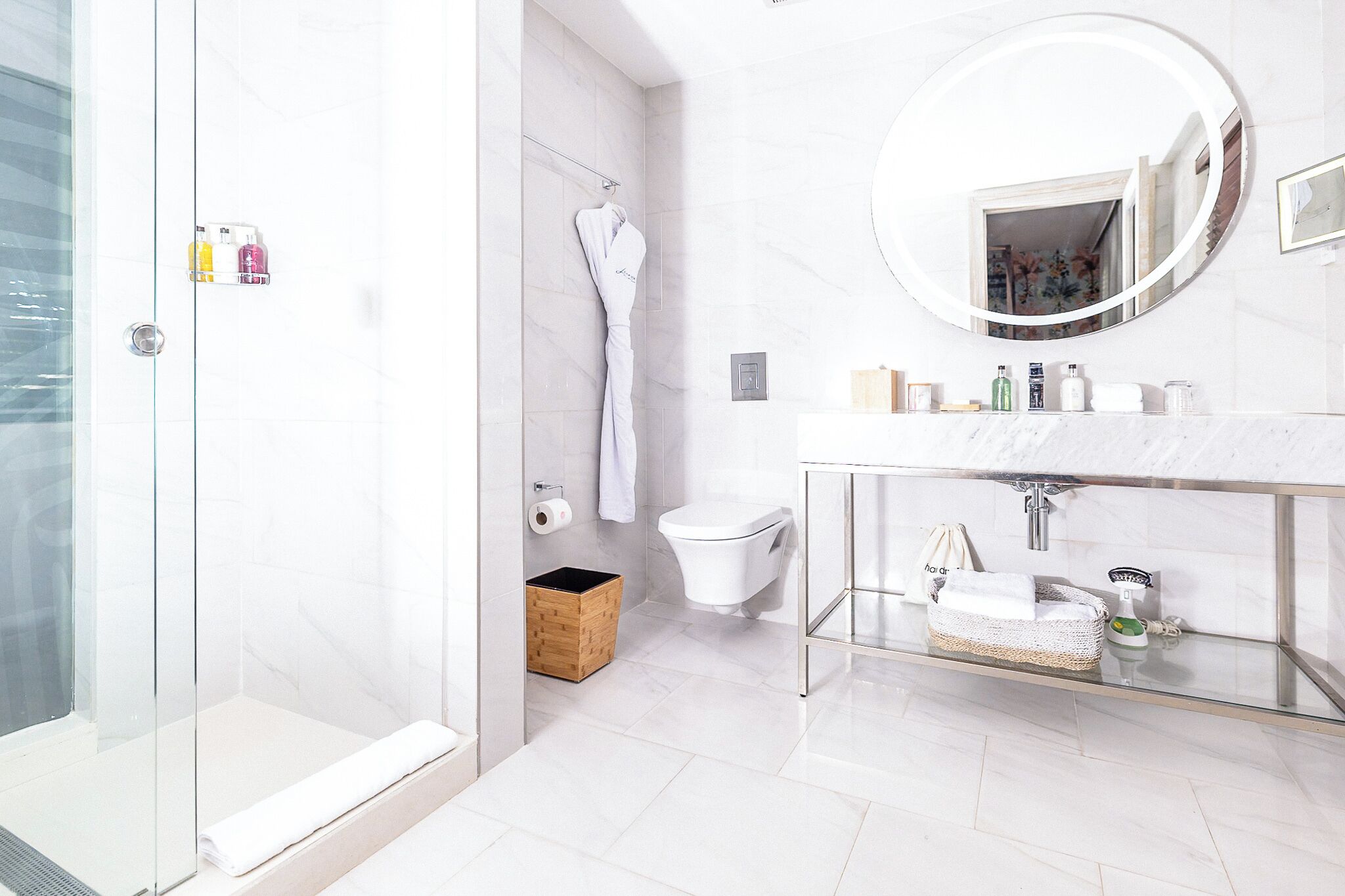 deluxe room, 2 double beds | bathroom | shower, rainfall showerhead, designer toiletries, hair dryer