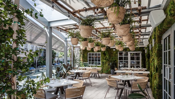 An outdoor dining area with tables and chairs, hanging baskets with plants, and a view of the street. - Lennox Hotel Miami Beach (Miami Beach)