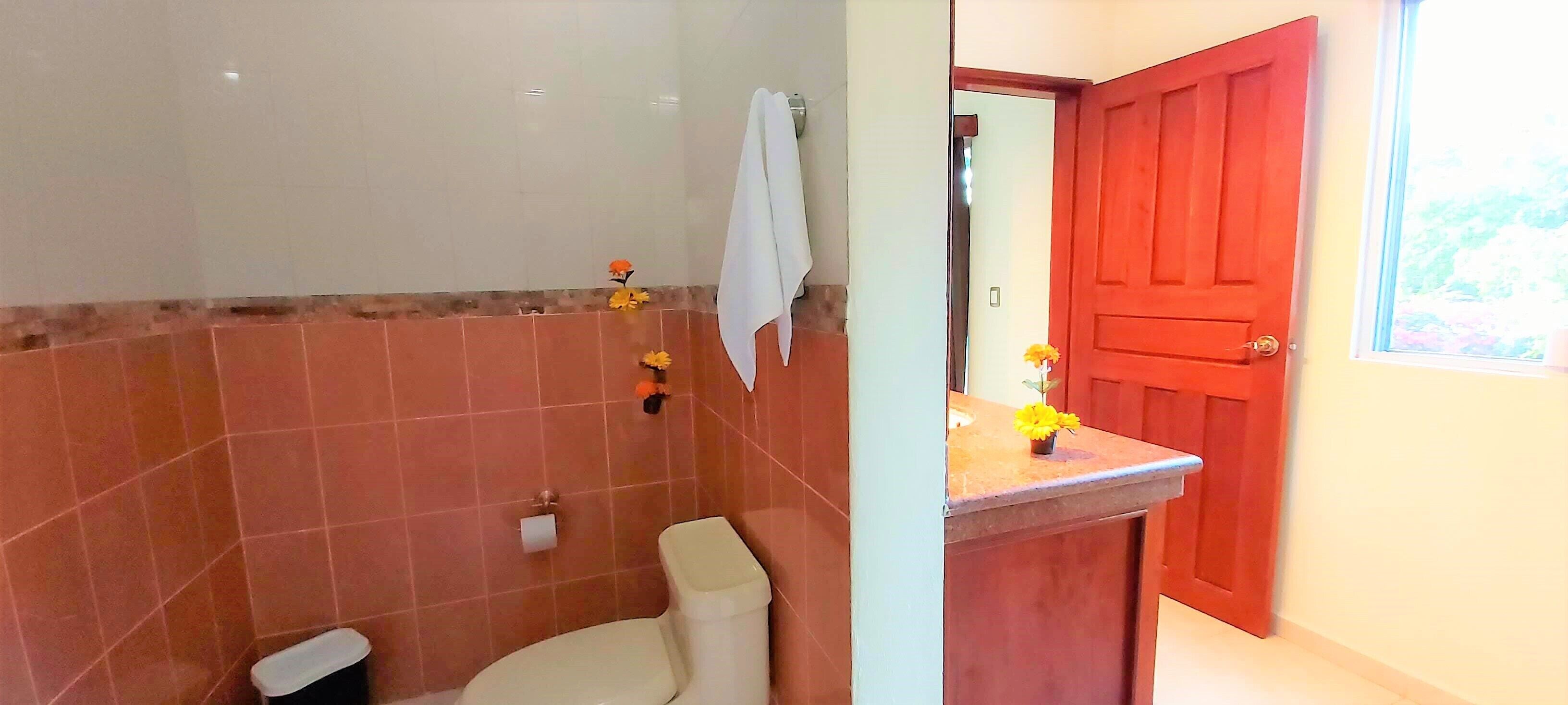 Een badkamer met toilet, een wastafel met bloemenvaas en een rode deur.