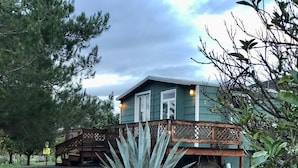 Een huis met twee verdiepingen, voorzien van een houten terras en een grote agaveplant op de voorgrond.