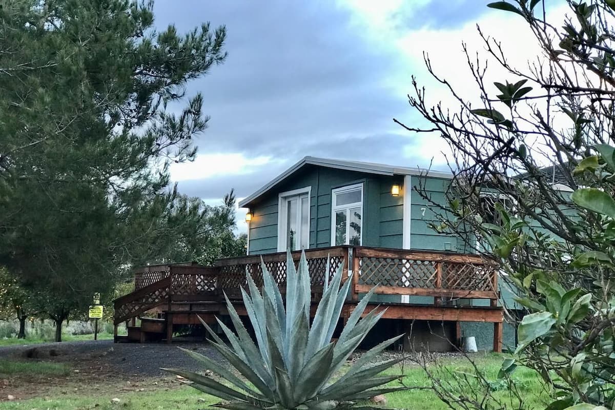 A two-story house with a wooden deck and a large agave plant in the foreground.
