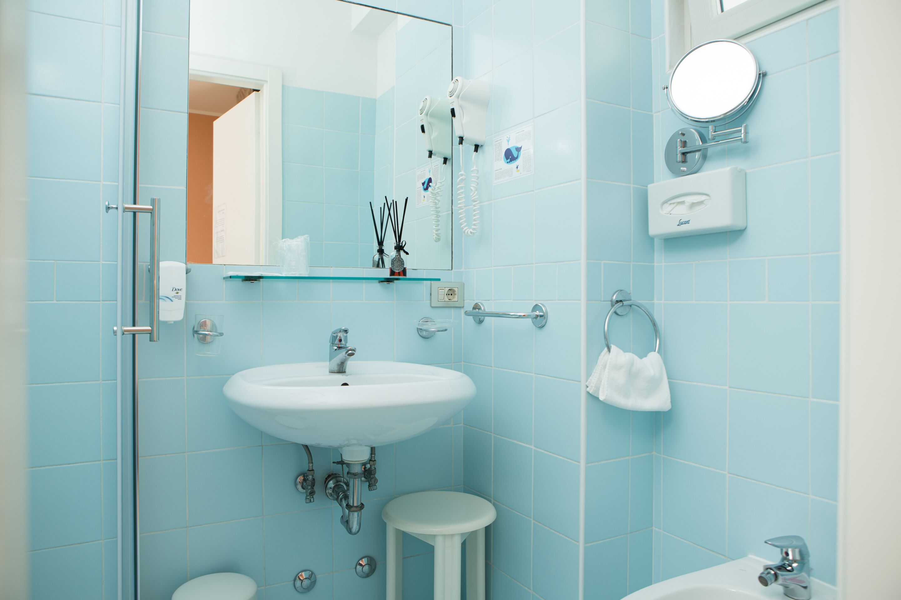 shower, hair dryer, bidet, towels