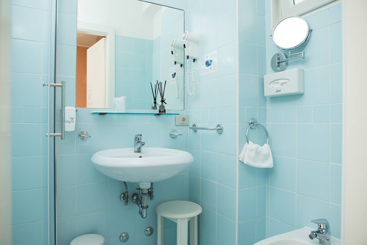 shower, hair dryer, bidet, towels