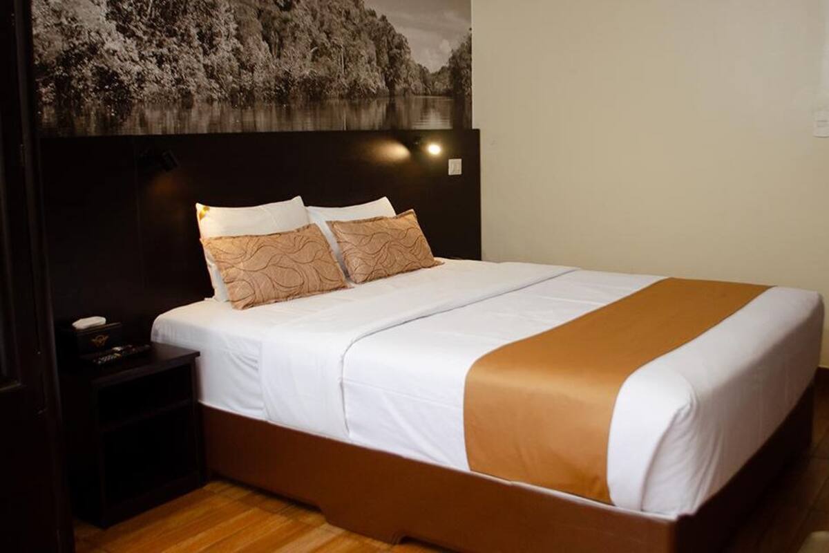 Una cama bien hecha con cabecera marrón, ropa de cama blanca y dos almohadas decorativas.
