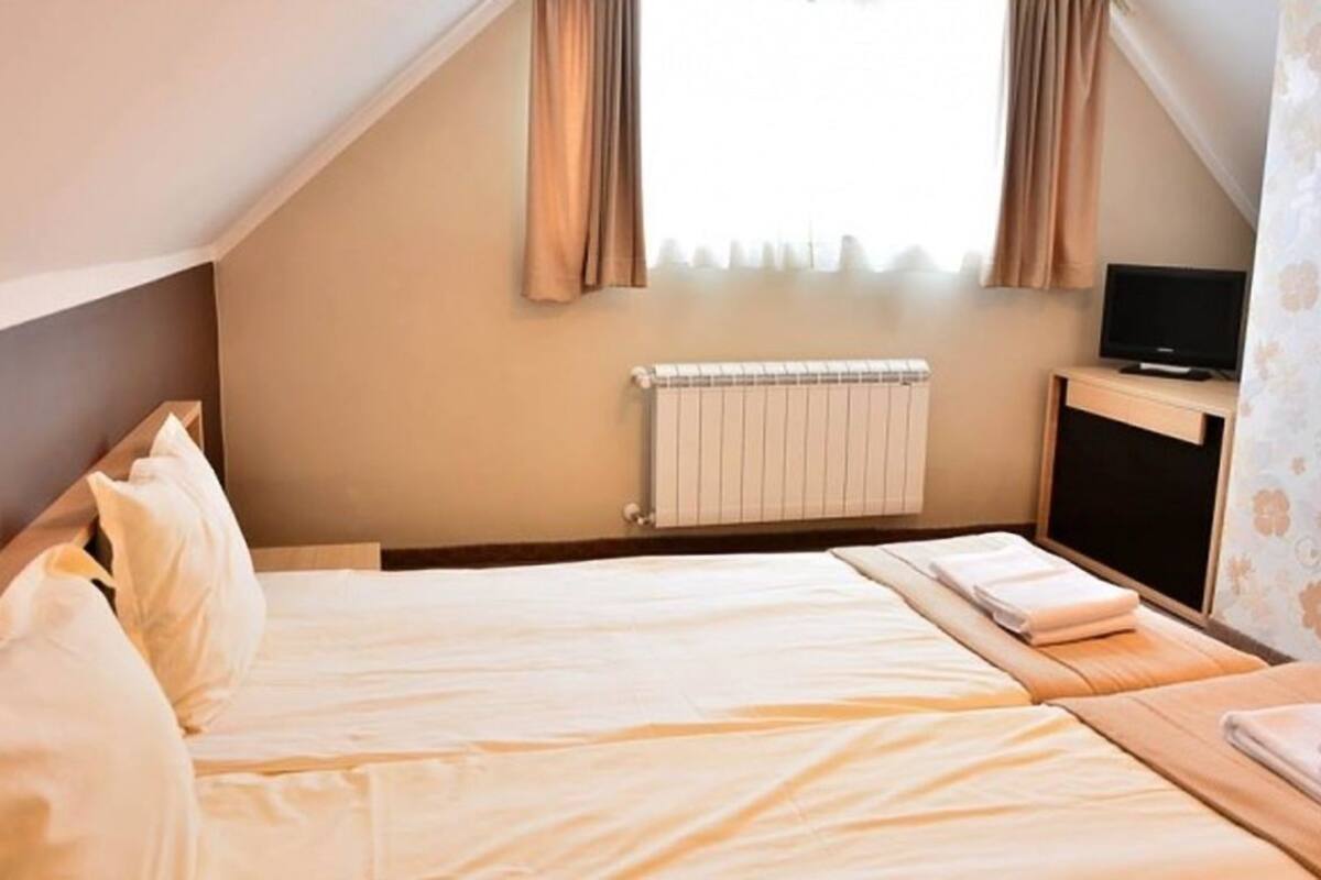 Une chambre à coucher avec un lit, une table de chevet avec une télévision, un radiateur et des rideaux.