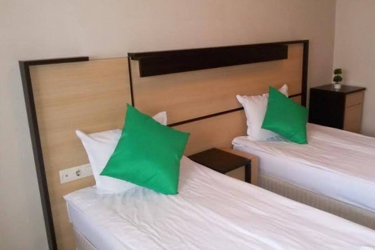 Deux lits simples avec des têtes de lit en bois et des oreillers verts, une petite table de chevet et une prise électrique murale.