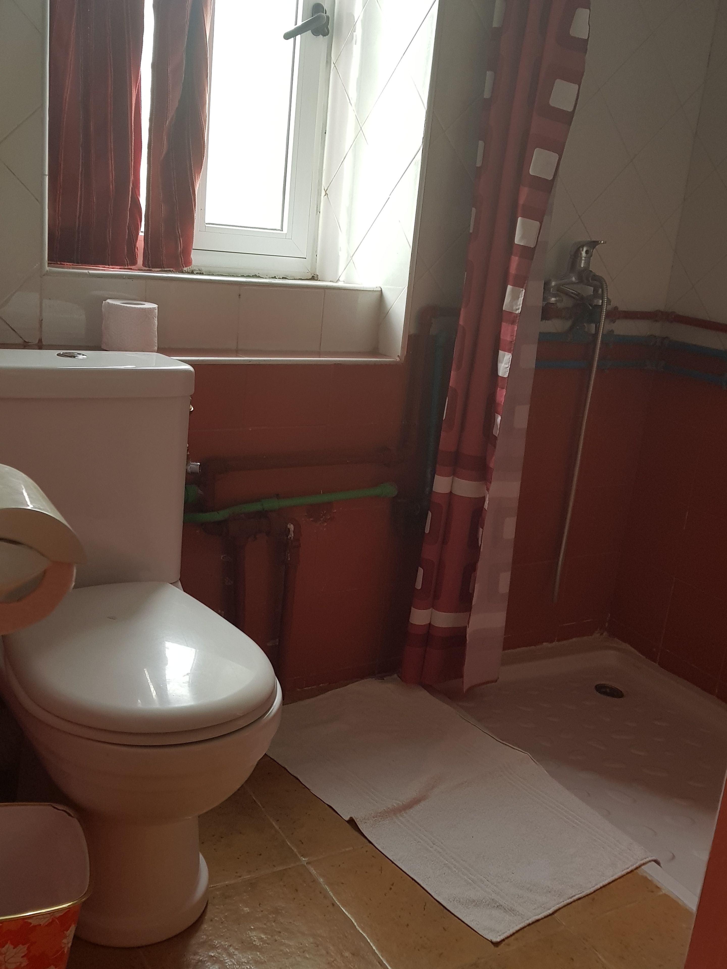 Ein kleines Badezimmer mit Toilette, Fenster und Duschbereich.