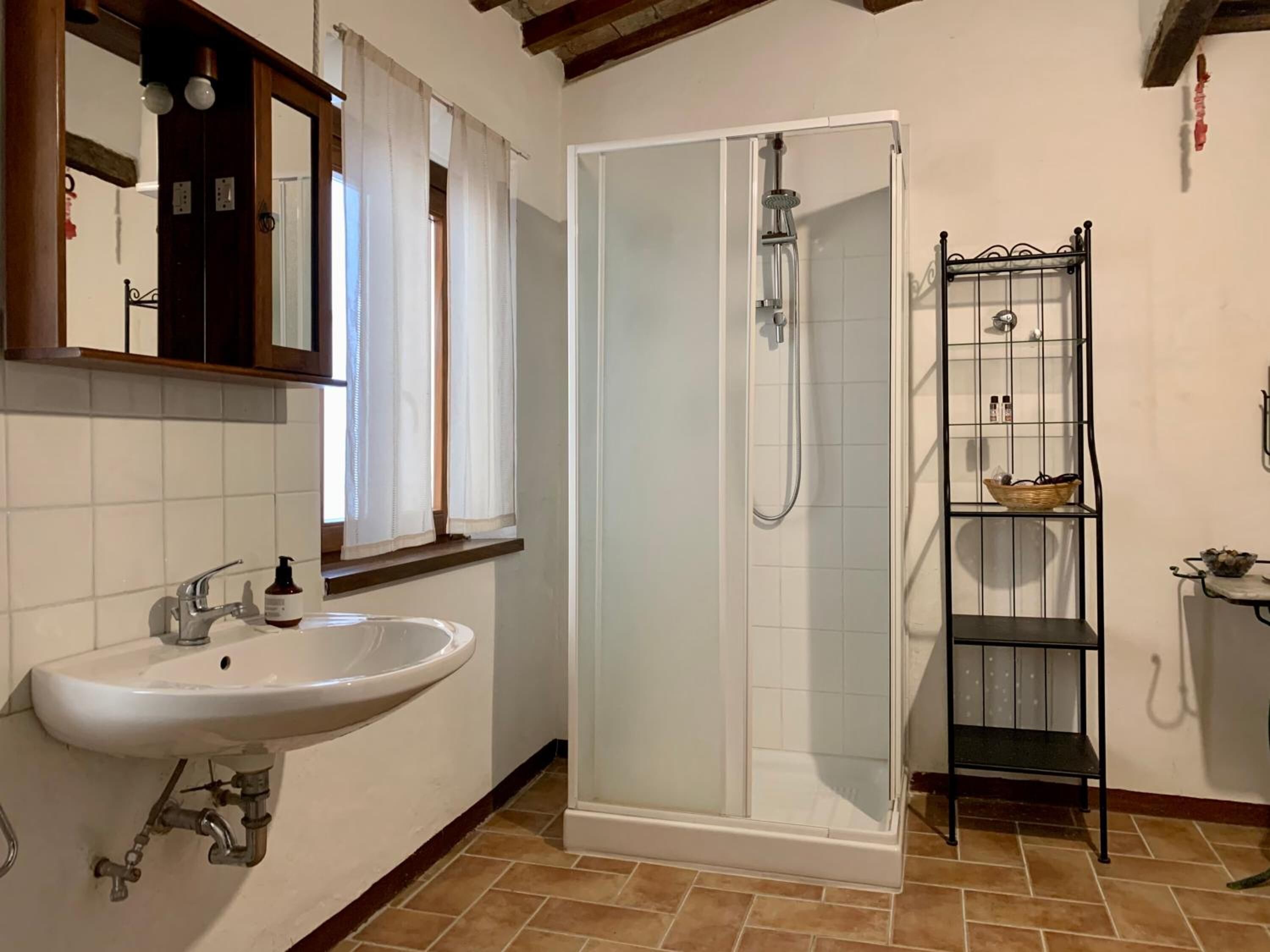 Un bany amb un lavabo blanc, una dutxa envidrada i una prestatgeria metàl·lica amb productes de tocador.