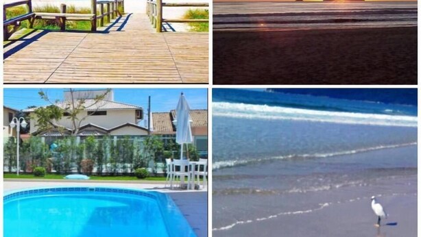 A wooden boardwalk leading to a beach, a sunset over the ocean, a residential area with a pool, and a bird on the beach. - Tu Casa De La Playa Florianópolis Brasil (Florianópolis)