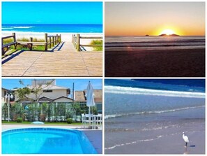 A wooden boardwalk leading to a beach, a sunset over the ocean, a residential area with a pool, and a bird on the beach. - Tu Casa De La Playa Florianópolis Brasil (Florianópolis)