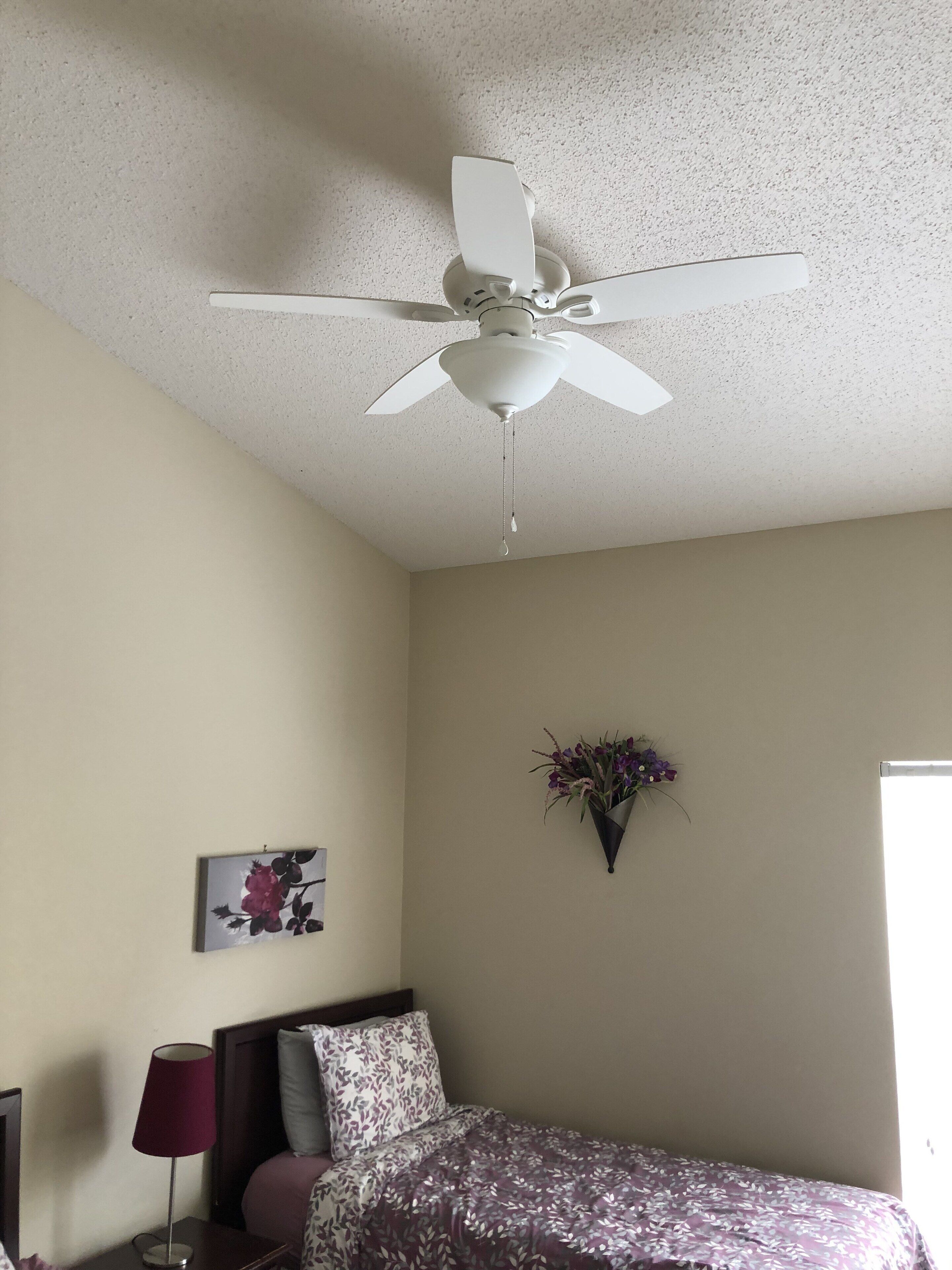 Une chambre dotée d’un ventilateur de plafond, d’un lit avec une literie à motifs floraux, d’une table de chevet avec une lampe, d’un arrangement floral fixé au mur et d’un tableau encadré accroché au mur.