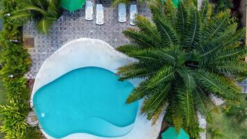 Piscina externa, funciona das 8h às 18h, guarda-sóis, espreguiçadeiras