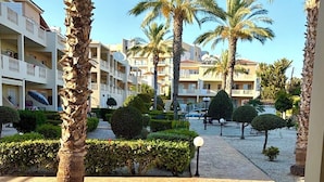 A resort courtyard with palm trees, a gravel pathway, and a building with balconies.