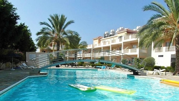 A swimming pool with lounge chairs and palm trees.