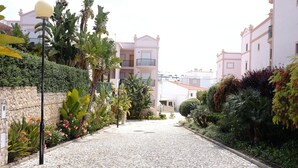 Une rue pavée bordée d’une végétation luxuriante et de bâtiments roses.