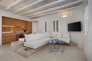 Beachfront 2 Bedroom Villa with Hammam | Living area | 32-inch flat-screen TV with satellite channels, TV