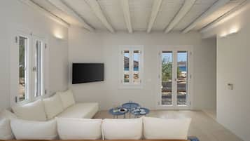 Beachfront 2 Bedroom Villa with Hammam | Living area | 32-inch flat-screen TV with satellite channels, TV